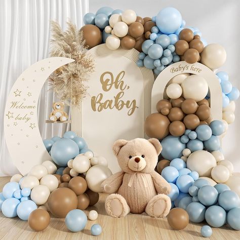 129Pcs Dusty Blue Brown and Sand White Balloons Arch Kit for Bear Baby Shower Gender Reveal Birthday Brown Balloon Arch, Bear Baby Shower Theme, Pastel Baby Shower, Teddy Bear Party, Its A Boy Balloons, Gender Reveal Party Decorations, Outdoor Party Decorations, Baby Shower Decorations For Boys, White Balloons