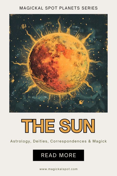 Bask in the radiant glow of the ☀️ Sun in 'Astrology, Deities, Correspondences & Magick.' Explore its life-giving energy, influence on vitality and ego, and connection to solar deities. 🌞🔮 Delve into the Sun's correspondences for strength, success, and clarity. Ideal for those seeking to harness the powerful and positive energy of the Sun in their magical practices and daily life. Let the Sun's light guide you to your highest potential. 🌟✨ The Sun Witchcraft, Sun Correspondences, Sun In Astrology, Sun Astrology, Witch Astrology, Planet Sun, Astrology Planets, Light Guide, Chinese Astrology