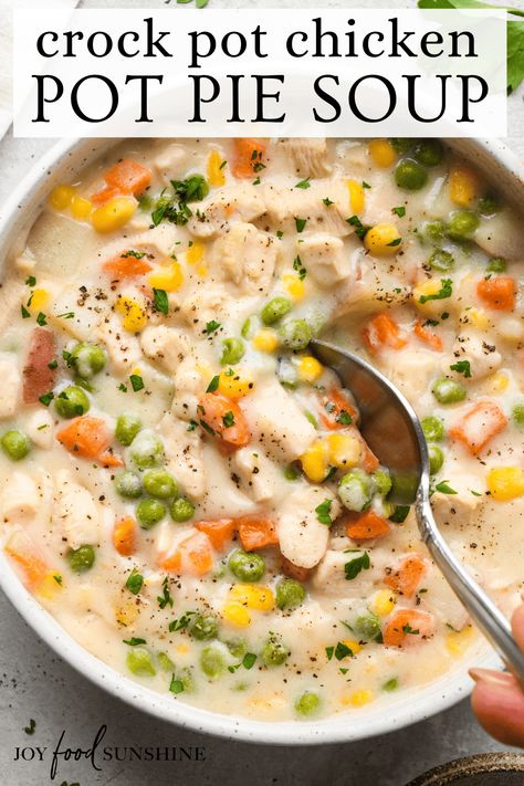 This slow cooker chicken pot pie soup only takes 10 minutes to prepare. It's made from scratch with no canned soups, and is a delicious and cozy dinner. Crock Pot Pot Pie Soup, Best Crockpot Recipes Soups, Easy Chicken Pot Pie Soup Crockpot, Chicken Pot Pie Soup Slow Cooker, Soup Recipes Slow Cooker Chicken, Healthy Pot Pie Soup, Crockpot Pot Pie Soup, Crockpot Recipes Quick And Easy, Df Crockpot Meals