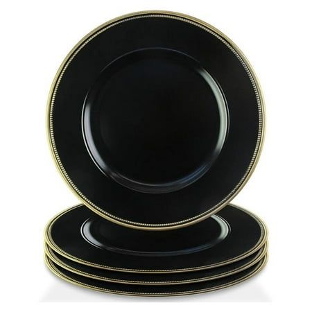 Introducing the Elle Dcor Black Charger Plate Set - a blend of elegance and versatility for your dining table! This set of four 13-inch chargers boasts a sophisticated design with stunning accents, making them a statement piece during any meal. Crafted with premium materials, they ensure long-lasting durability while enhancing your table's aesthetics. Whether hosting a formal dinner party or a casual gathering, these plate chargers provide a touch of refinement to elevate your dining experience. Easy to clean and stackable for space-saving storage, the Elle Dcor Melamine Plate Chargers are a must-have addition to your dinnerware collection. Size: 13". Black Charger Plates, Gold Charger Plate, Black Charger, Gold Chargers, Outdoor Dinnerware, Party Catering, Charger Plate, Melamine Plates, Gold Border