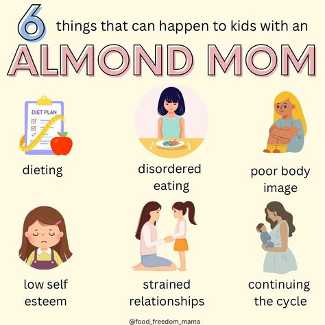 Did you grow up with an almond mom? If you’re not familiar with the term, an “almond mom” is a diet mom (could also be a dad). She’s completely wrapped up in diet culture and is always on a diet, criticizing her body and her kids’ bodies, and commenting on others’ food choices. She’s giving diet advice like “if you’re hungry just eat a couple almonds and chew them REALLY well” Maybe you grew up with a mom like this and are trying to heal the generational trauma and break the cycle for your... Almond Mom Diet, Almond Mom, Trying To Heal, Food Freedom, Break The Cycle, Just Eat, Recovery Quotes, Diet Culture, Intuitive Eating