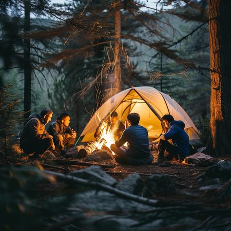 Camping Friends Gathering: A group of friends gather around a warm campfire in the evening outside their tent. #camping #friends #campfire #tent #evening #aiart #aiphoto #stockcake ⬇️ Download and 📝 Prompt 👉 https://ayr.app/l/81Mj Friends Spending Time Together, Camping Fire Aesthetic, Camping Photoshoot Ideas, Camping With Friends Aesthetic, Friends Campfire, Camping Photography Friends, Camping Photo Ideas, Camp With Friends, Friends In Nature