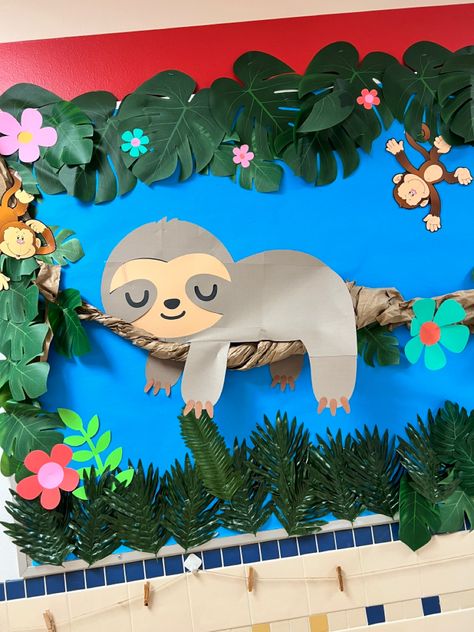 Outside Theme Bulletin Board, Diy Safari Theme Decorations, Classroom Animal Themes, Jungle Theme Kindergarten Classroom, Rainforest Bulletin Board Preschool, Diy Monkey Decorations, Classroom Themes Kindergarten Decor, Amazon Rainforest Bulletin Board, Amazon Rainforest Classroom Display