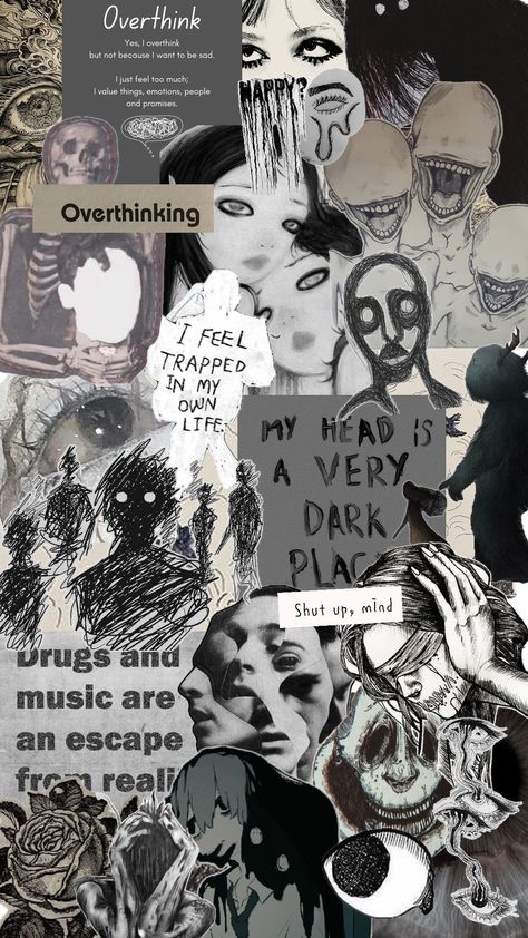 "An intricate collage capturing the essence of overthinking, blending chaotic thought patterns with intricate details, symbolizing the constant mental tapestry that weaves through the mind's labyrinth." Aesthetic Overthinking, Potential Wallpaper, Ghibli Background, Chaotic Mind, Studio Ghibli Background, Design Collage, Mind Thoughts, Thought Patterns, Where Is My Mind