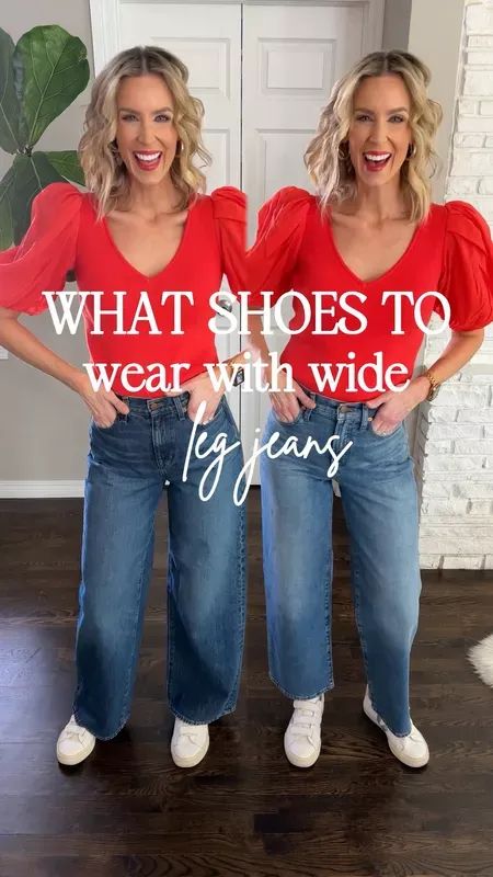 Wondering what shoes to wear with wide leg jeans? I’ve got you covered with this post! Sharing a great full length wide leg jean and a cropped wide leg jean plus shoes and outfits for each!!     #LTKfindsunder100 #LTKstyletip Full Length Wide Leg Jeans Outfit, Fringe Jeans Outfit, Wide Leg Ankle Jeans Outfit, Wide Leg Crop Jeans Outfit, Shoes To Wear With Wide Leg Jeans, Jean Outfits Spring, Wide Leg Jeans Outfit Spring, Shoes For Wide Leg Jeans, Frayed Jeans Outfit