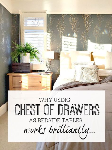 Why using chests of drawers as bedside tables works really well. Master bedroom inspiration and ideas to make best use of the space. Master bedroom interior design and style. #bedroomstyle #bedroomlayout #bedroomfurniture #chestofdrawers Bedroom Storage Design, Bedside Tables Ideas, Bedroom Storage Chest, Chest Of Drawers Bedroom, White Chest Of Drawers, Storage Bench Bedroom, Bedside Table Design, Bedroom Chest Of Drawers, Office Room Decor