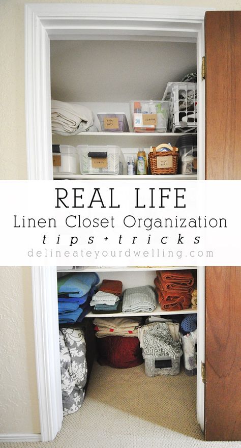 Tips for a functional, organized linen closet! Deep Linen Closet Organization, Deep Linen Closet, Bathroom Linen Closet Organization, Ikea Closet Shelves, Baby Closet Storage, Linen Closet Organization Ideas, Office Closet Ideas, Apartment Organization Diy, Closet Organization Tips