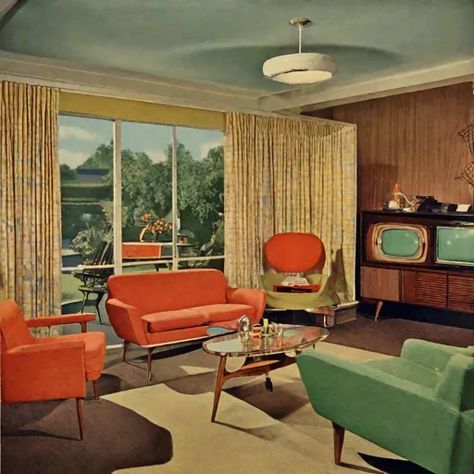 50s Interior Design 1950s, Mid Century Living Room 1950s, 1950s House Interior, Living Room 60s, 1920s Living Room, 50s Interior Design, Interior Design Family Room, 1950s Interior Design, 1950 House