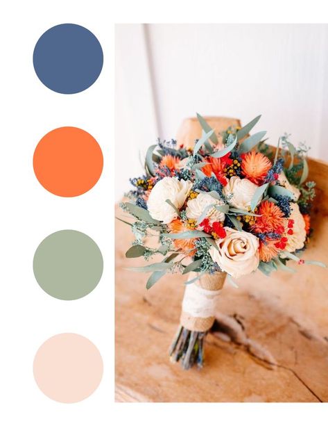 Blue And Terracotta, Wedding Color Schemes Summer, Boho Wedding Colors, Orange Wedding Themes, Rusting Wedding, Wedding Color Pallet, Orange Bouquets, Summer Wedding Colors, Wedding Palette