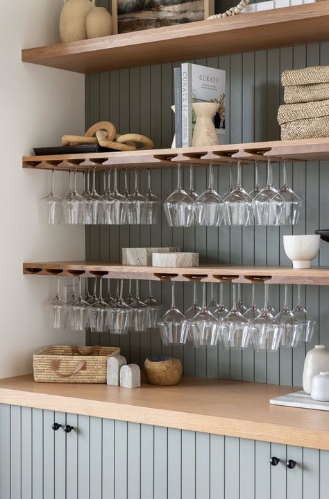 Built-in wine glass holder Lindye Galloway, Bar Nook, Bar Shelves, Glass Interior, Built In Bar, Wine Shelves, Transitional Living, Wine Glass Rack, Transitional Living Rooms