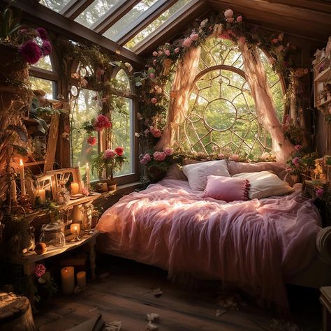 Room Inspiration Bedroom Pink, Paint One Wall, Fairycore Room, Forest Bedroom, Core Ideas, Gothic Decor Bedroom, Cottagecore Living, Fairy Room, Whimsical Bedroom