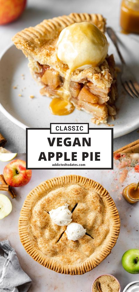 apple pie with scoops of vanilla ice cream and caramel sauce on top. Vegan Apple Pie Crust, Vegan Apple Pie Filling, Dairy Free Apple Pie, Dairy Free Pie, Vegan Apple Pie Recipe, Dairy Free Pies, Buttery Flaky Pie Crust, Apple Pie Crust, Vegan Pies