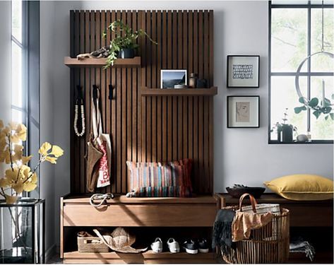 wood slat entry bench w/ shelves // fort & field Oak Storage Bench, Wood Slat Wall, Inspire Me Home Decor, Home Entrance Decor, Bench With Shoe Storage, Wooden Bench, Slat Wall, Wood Slats, House Entrance