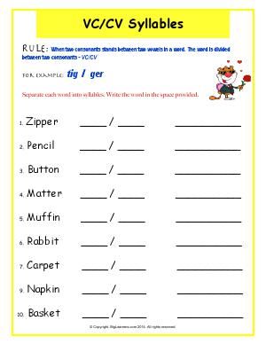 Worksheet | VC/CV Syllables | Separate each word into syllables. Write the same word in the space provided. Syllable Worksheet For Grade 1, Closed Syllables Worksheet, Syllables Worksheets For Kindergarten, Syllables First Grade, First Grade English Worksheets, Syllables Worksheet, Phonics First Grade, Syllables Kindergarten, First Grade English