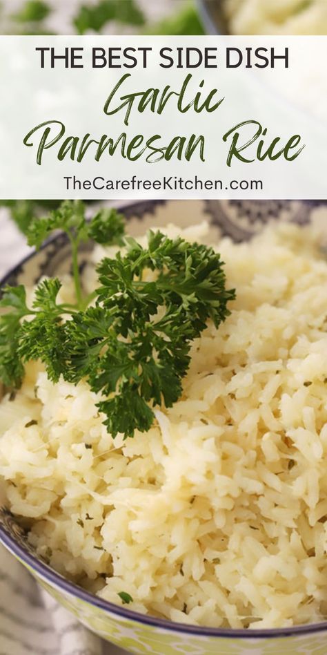 This recipe for Garlic Parmesan Rice is quick and easy, and pairs well with just about anything. It only just a few simple ingredients, like chicken broth, fresh garlic, parsley and Parmesan cheese, and packs a mean flavor punch. Parsley Rice Recipe, Garlic Parmesan Rice, Parmesan Rice, Chicken Flavored Rice, Basmati Rice Recipes, Rice Side Dish Recipes, Garlic Rice, Rice Cooker Recipes, Rice Side