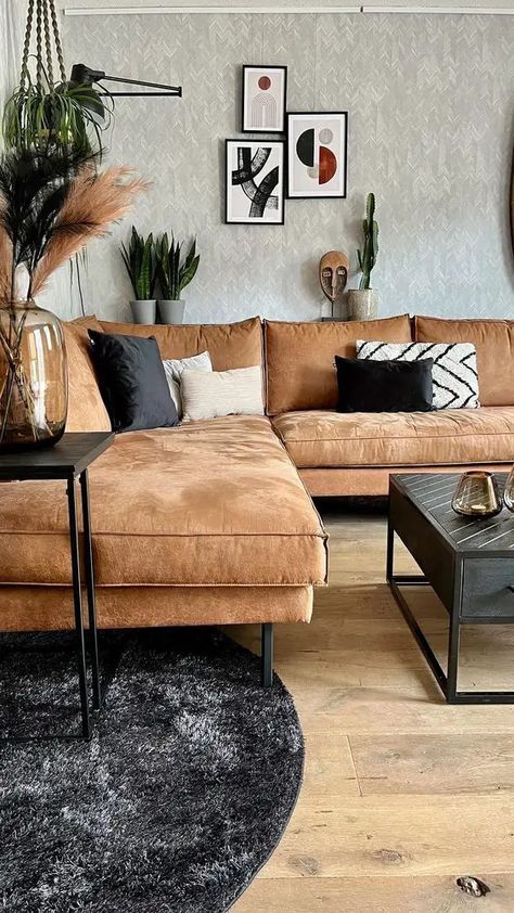 Cognac Leather Couch Living Rooms Boho, Living Room Designs Tan Couch, Carmel Couch Living Room Color Schemes, Carmel Couch Living Room, Light Tan Couch, Camel Couch Living Room, Brown Suede Couch, Tan Couch Decor, Light Brown Couch Living Room Ideas