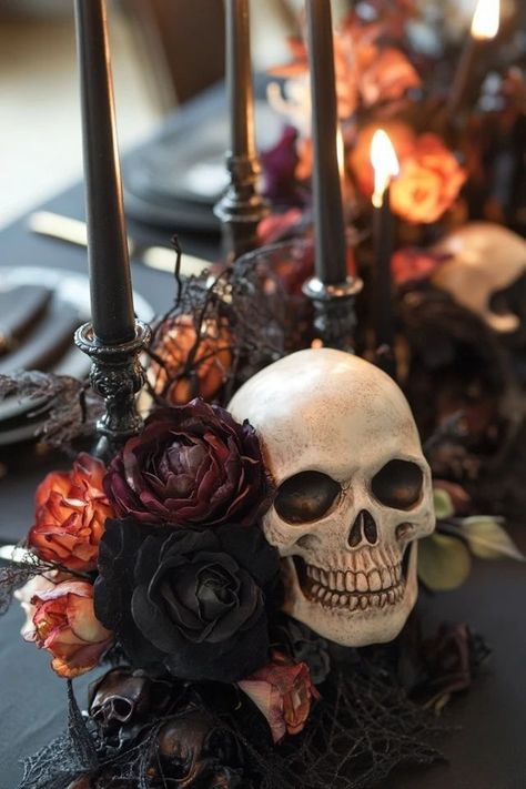 #pumpkincarving, #halloweenpumpkins, #pumpkinart, #halloweendecor, #spookypumpkins, #halloween2023, #creativehalloween, #pumpkindecor, #halloweeninspiration, #carvingideas Lace Halloween Decor, Skull Flower Centerpiece, Halloween Candelabra Centerpiece, Glitter Halloween Decor, Diy Halloween Vase, Spooky Wedding Centerpieces, Goth Centerpieces, Skeleton Centerpieces, Halloween Table Settings Ideas