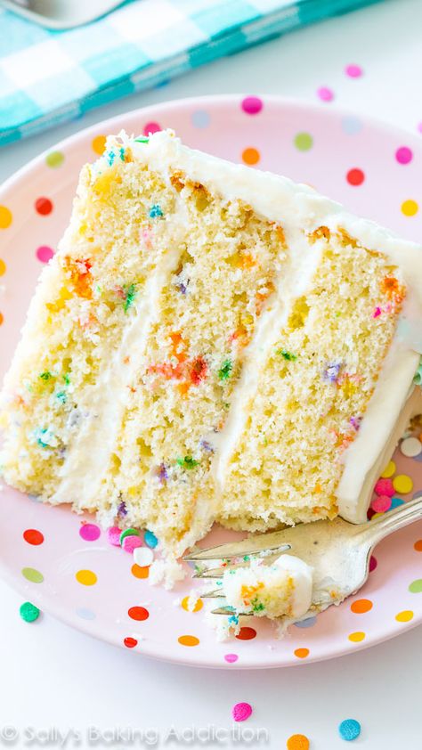 Yellow Funfetti Cake, Blue Confetti Cake, Funfetti Layer Cake, Funfetti Cakes, Confetti Cake Recipes, Sallys Baking, Funfetti Cupcakes, A Slice Of Cake, Funfetti Cake Mix