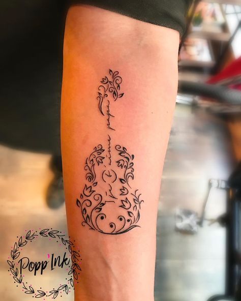 Mandolin Tattoo Designs, Feminine Guitar Tattoo, Memorial Guitar Tattoo, Musician Memorial Tattoo, Cool Memorial Tattoos, Mother Daughter Music Tattoos, Hummingbird Guitar Tattoo, Guitar And Flowers Tattoo, Flower Guitar Tattoo