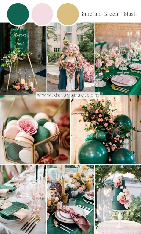 Emerald Green and Blush Wedding Color Scheme Emerald Green Ivory And Blush Wedding, Emerald And Pale Pink Wedding, Emerald Green And Peach Wedding Theme, Pink And Hunter Green Wedding, Emerald Green And Pink Sweet 16, Emerald Wedding Pallet, Emerald And Pink Wedding Colors, Emerald And Light Pink Wedding, Emerald And Blush Pink Wedding