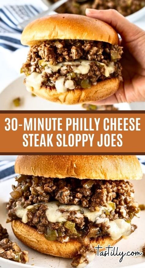 These are not your classic Sloppy Joes. Philly Cheese Steaks Sloppy Joes are a delicious cheesy twist on the original that your family will love. All the ingredients used in the regular sandwiches, but using ground beef! Philly Cheese Steak Sloppy Joes, Cheese Steak Sloppy Joes, Philly Cheesesteak Sloppy Joes, Philly Cheese Steak Sandwich, Steak Sandwiches, Joe Recipe, Cheese Steak Sandwich, Sloppy Joes Recipe, Cheese Steak