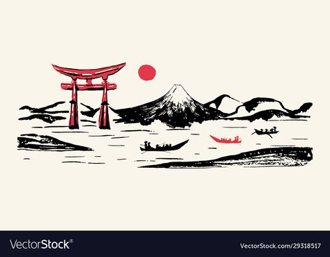 Paint Brush Sketch, Japanese Sketch, Folklore Tattoo, Road Drawing, Mountains Drawing, Easy Scenery Drawing, Samurai Warrior Tattoo, Scene Tattoo, Calligraphy Background