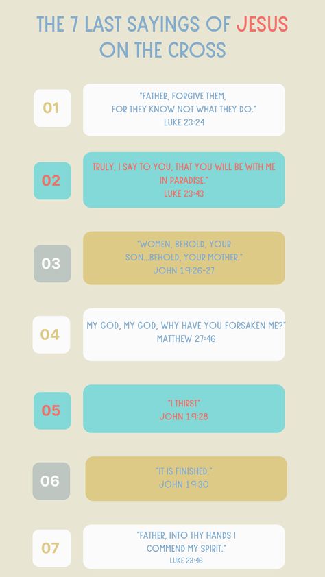 The seven last sayings of Jesus on the cross are great to meditate and contemplate during this Holy season of Lent, I creat this infographic for you to have all the sayings handy and in one place sp you can jsut dive in and pray. Please pin, and share if you find this helpful and follow us for more content like this. God Bless you! Jesus On Cross, Bible Images, Words Of Jesus, Jesus On The Cross, God Bless You, The Seven, The Cross, God Bless, Bible