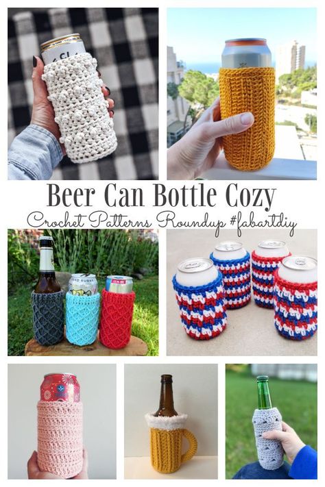 Beverage Beer Can Bottle Cozy Free Crochet Patterns Crochet Can Coozie Pattern Free, Crochet Beer Cozy, Beer Bottle Cozy, Learn Crochet Beginner, Crochet Beer, Beer Coozie, Mason Jar Cozy, Bottle Cozy, Beer Cozy