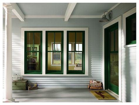 400 Series Windows and Patio Door with Exterior Trim by Andersen Windows, via Flickr Farmhouse Window Trim, Green Windows, Window Trim Exterior, American Farmhouse, Farmhouse Windows, Double Hung Windows, Windows Exterior, Window Trim, Window Styles