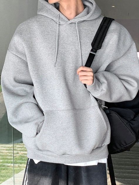 Grey Casual Collar Wrist-Length Sleeve Fabric Plain Pullovers Embellished Non-Stretch  Men Clothing Grey Pullover Outfit Men, Hoodies Men Aesthetic, Guy Wearing Hoodie, Baggie Hoodie, Grey Casual Outfit, Grey Hoodie Outfit Men, Hoodie Aesthetic Boy, Grey Pullover Outfit, Grey Hoodie Outfit