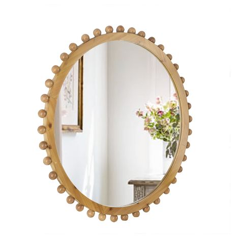 PRICES MAY VARY. Circular mirror with a beautiful natural looks. The wooden frame is embellished all around with a series of spherical bead, which also is made out of wood, and contributes to the soft and charming aesthetic. The sizing of this mirror allows you to conveniently mount it where ever you desire. Hang this in any part of your home for any use, such as for vanity mirror in your bathroom and decorating the mantel of your living room or the walls of your entryway. Both the natural color Accent Bathroom, Nursery Mirror, Charming Aesthetic, Entryway Wall, Circular Mirror, A&b Home, Wall Accent, Living Room Entryway, Oval Wall Mirror