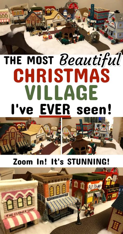 Unique Christmas Village! If you love Mary Maxim patterns, you will LOVE this canvas Embroidery Christmas village Pattern Display - Stunning! alt= Mary Maxim Patterns, Diy Christmas Village Platform, Holiday Village Display, Christmas Tree Village Display, Diy Christmas Village Displays, Unusual Christmas Decorations, Christmas Art For Kids, Mason Jar Christmas Gifts, Christmas Tree Village