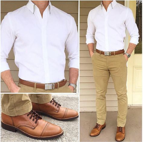 Chris Mehan, Dress Shirt Collar Styles, Stil Masculin, Outfit Boots, Mens Business Casual Outfits, Shirt Collar Styles, White Dress Shirt, Tan Pants, Brown Shoes