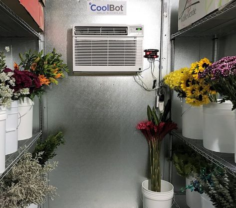 Floral Cooler | CoolBot Temperature Controller for Florists Basement Floral Studio, Flower Cooler Ideas, Diy Flower Cooler, Flower Cooler Display Florists, Floral Studio Work Spaces, Florist Studio Workspace, Floral Shop Ideas, Flower Delivery Van, Flower Cooler