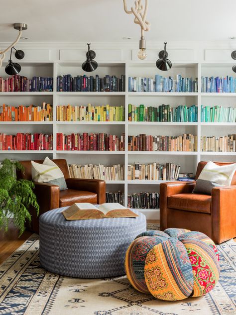 Colorful Books, Decor Ikea, Home Library Design, Cozy Living Spaces, Bookshelf Styling, Design Library, Home Libraries, Hus Inspiration, Library Design