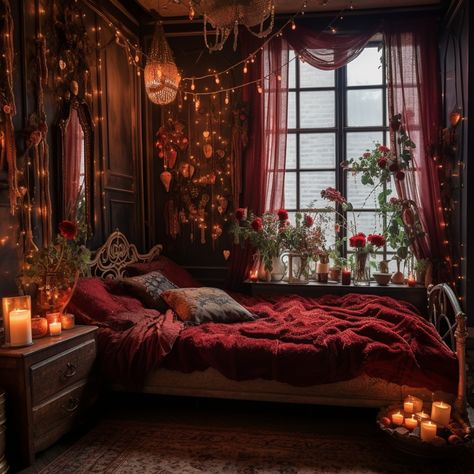 Witchy Bedroom Ideas, Dark Cozy Bedroom, Academia Bedroom, Goth Bedroom, Bilik Idaman, Gothic Bedroom, Dark Home Decor, Dark Home, Romantic Bedroom