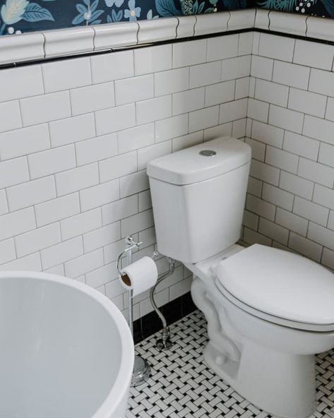 My “Peacock Bathroom” Makeover Brings Charm Back to My 129-Year-Old Home Bathroom With Black White Tile Floor, Subway Tile Walls Bathroom, Large Tub Tile, Black And White Bathroom Ideas With Tub, Black And White Penny Tile, Bathtub Goals, Black And White Subway Tile, Dingy Bathroom, Victorian Bathroom Tiles