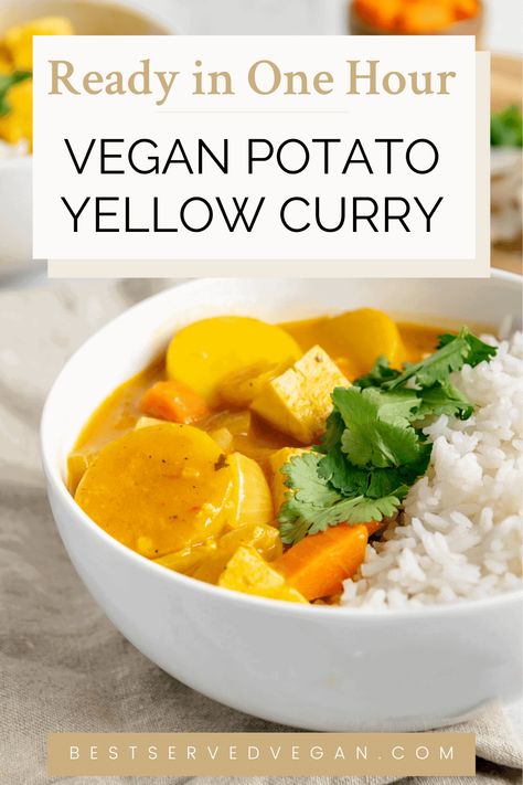 Skip the takeout, and make this Thai vegan yellow curry with potatoes, carrots, onions, and tofu. This is a one-pot meal that is perfect for those hectic weeknights. The recipe comes together in under an hour and is loaded with vegetables, and can be served over rice. Finish this dish off with some fresh lime juice and cilantro, and you have yourself a yummy meal. The whole family will love this cozy, hearty dinner, especially during winter! Vegan Yellow Curry, Curry With Potatoes, Thai Vegan, Vegan Staples, Cilantro Recipes, Yellow Curry, Green Curry Paste, Potatoes Carrots, Vegan Beans