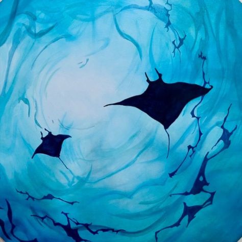 Into the Blue original painting | Acrylic on circle canvas | Semi abstract | Underwater, sea, ocean, sea life | Blue artwork | Manta ray Manta Ray Painting, Ray Painting, Abstract Underwater, Circle Canvas, Into The Blue, Underwater Sea, Blue Artwork, Manta Ray, Sketchbook Pages