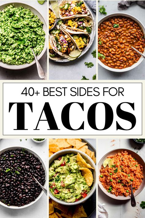 Wondering what the best taco side dishes are? Look no further! I'm here to answer the question - What should be on the menu for a taco night?  From healthy sides for tacos, to Mexican sides and appetizers, this handy guide will help you find what you want to make in a hurry!  // simple // easy // vegetables Southwestern Side Dishes, Healthy Sides For Tacos, Best Sides For Tacos, Sides For Pulled Pork Tacos, Taco Night Sides, Taco Night Side Dishes, Healthy Mexican Side Dishes, Mexican Vegetable Sides, Side For Tacos