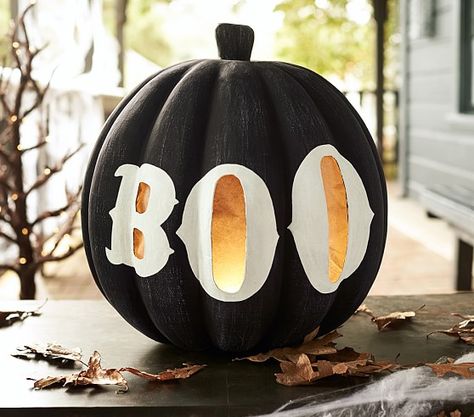 Pottery Barn Kids Black Pumpkin With Boo Large Luminary pottery barn kids halloween decor sale Space Pumpkin, Kid Friendly Halloween Decorations, Pumpkin Designs Painted, Porche Halloween, Halloween Chic, Boo Pumpkin, Halloween Decor Diy, Kid Friendly Halloween, Diy Halloween Decor