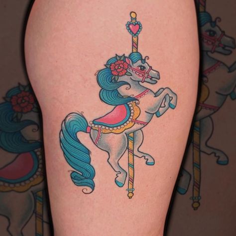 Colorful carousel horse by @kalimari! Open 7 days a week, so stop by to talk about your next tattoo idea or check out our Apothecary! . . For estimates, questions, or to book an appointment please email StregaTattoo@gmail.com! . . #cutetattoo #colorfultattoo #carouselhorse #horsetattoo #carouseltattoo #traditionaltattoo #neotraditionaltattoo #orlandofl #bestoforlando #floridatattooartist #stregatattoo Carousel Horse Tattoos, Carousel Tattoo, Pastel Tattoo, Unicorn Tattoo, Unicorn Tattoos, Kawaii Tattoo, Tattoos Skull, Horse Tattoo, Carousel Horse