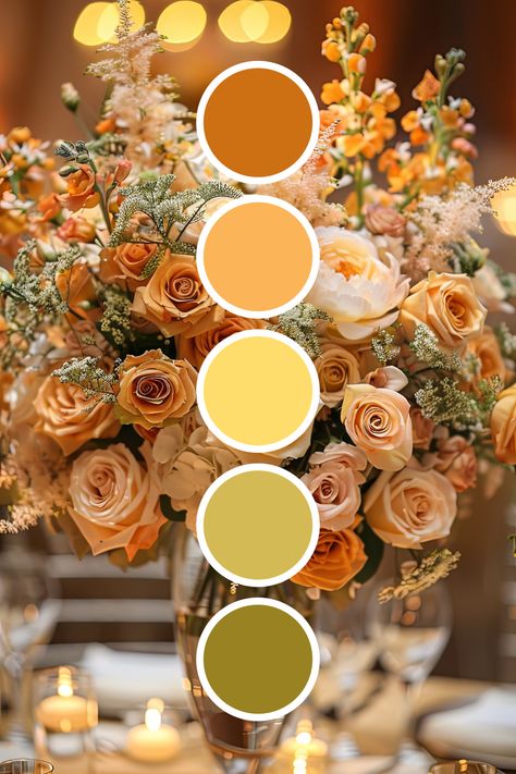 Looking for wedding color ideas? Explore our collection of beautiful palettes for summer, fall, and winter weddings. Find the perfect combination to match your season and style. Color Schemes For Weddings Fall, May Wedding Colors Schemes, Wedding Yellow Color Schemes, Spring Color Wedding Ideas, Mustard Yellow Wedding Theme, Wedding Mood Board Color Palettes, Wedding Color Palette Fall, Yellow And Orange Wedding, Yellow Wedding Colors Schemes