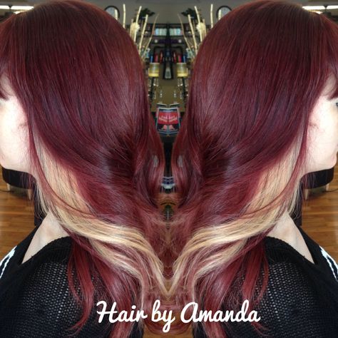 Dark red violet with blonde peekaboos. Red With Blonde Highlights Peekaboo, Burgundy Hair Blonde Peekaboos, Dark Red Hair To Blonde, Red Dyed Hair With Blonde Highlights, Blonde On Top Dark Red Underneath, Burgundy Hair With Blonde Peekaboos, Dark Red To Blonde Balayage, Burgundy Hair With Blonde Underneath, Red And White Peekaboo Hair