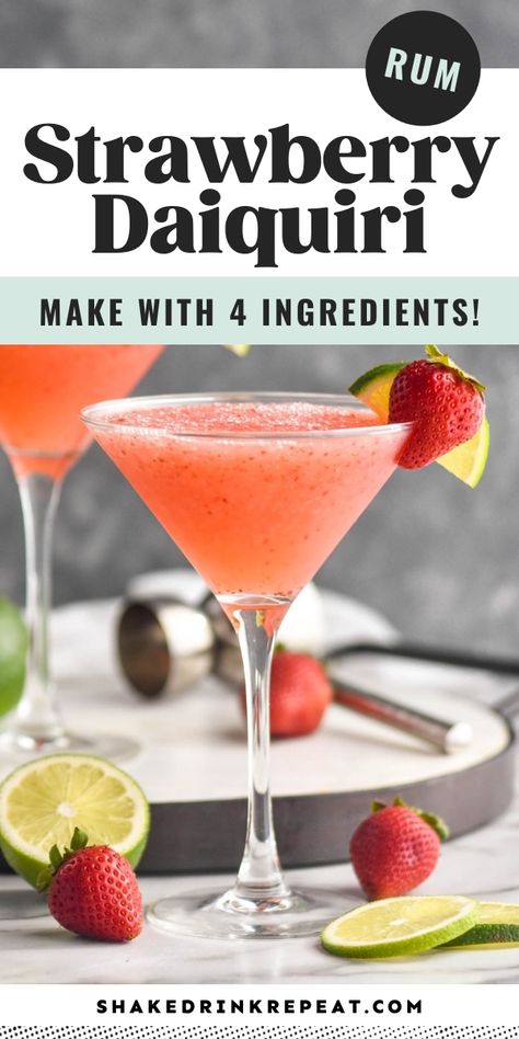 The smooth consistency and refreshing fruity flavor of this Strawberry Daiquiri make the delightful cocktail irresistible! Blended Cocktail Recipes, Tropical Cocktail Recipes, Strawberry Daiquiri Recipe, Frozen Strawberry Daiquiri, Martini Recipes Vodka, Rum Drinks Recipes, Daiquiri Recipe, Classic Cocktail Recipes, Blended Drinks