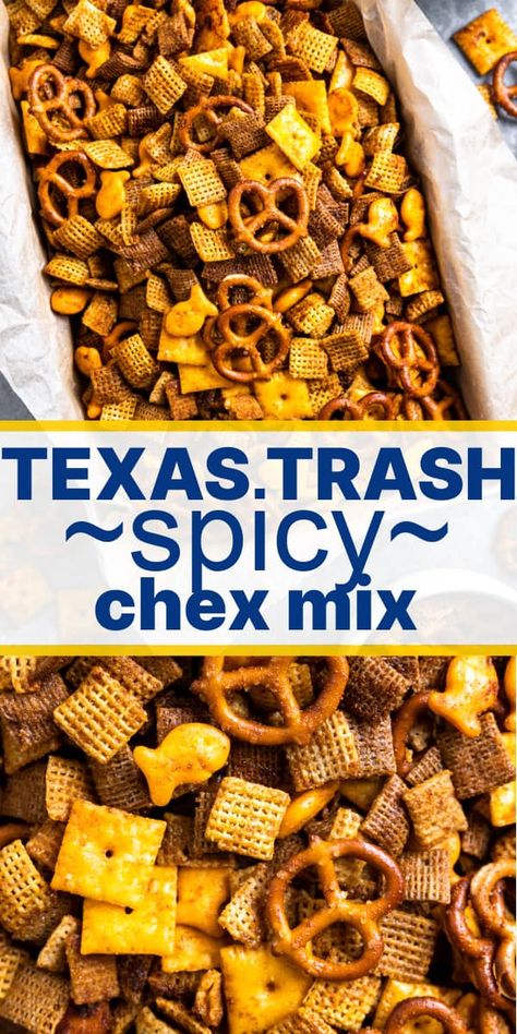 Best Trash Recipe, Texas Chex Mix Recipes, Homemade Chex Mix Recipe Spicy, Trash Chex Mix Recipe, Chex Trash Recipe, Chex Mix Seasoning Recipes, Salty Chex Mix Recipes Easy, Chex Mix Sweet, Spicy Snacks Recipes Easy