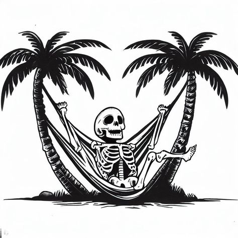 Hammock Between Palm Trees, Skeleton Beach Tattoo, Clothes With Quotes, Palm Tree Artwork, Boho Hats, Scene Tattoo, Coconut Drink, Mermaid Skeleton, Paradise Tattoo