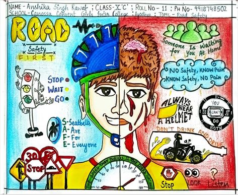 Informative Poster Ideas, Drawing On Road Safety, Traffic Awareness Poster Drawing, Road Safety Poster Drawing Competition, Traffic Awareness Drawing, Poster Making On Road Safety, Traffic Rules Poster Drawing, Dowry System Poster, Poster Making Ideas For Competition Student