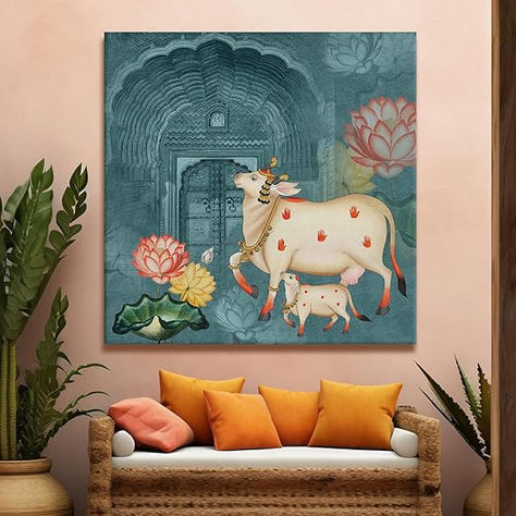 This is a very beautiful and charming painting for home wall. Pichwai Cow, Reference For Painting, Pichwai Art, Pichwai Painting, Traditional Wall Art, Pichwai Paintings, Art Indian, Indian Painting, Wall Canvas Painting