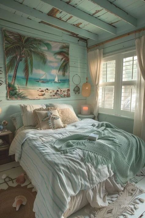 Beach Girl Room, Coastal Dorm, Coastal Decorating Ideas, Ocean Bed, Surf Bedroom, Costal Bedroom, Surf Room Decor, Ocean Room Decor, Beach Bed